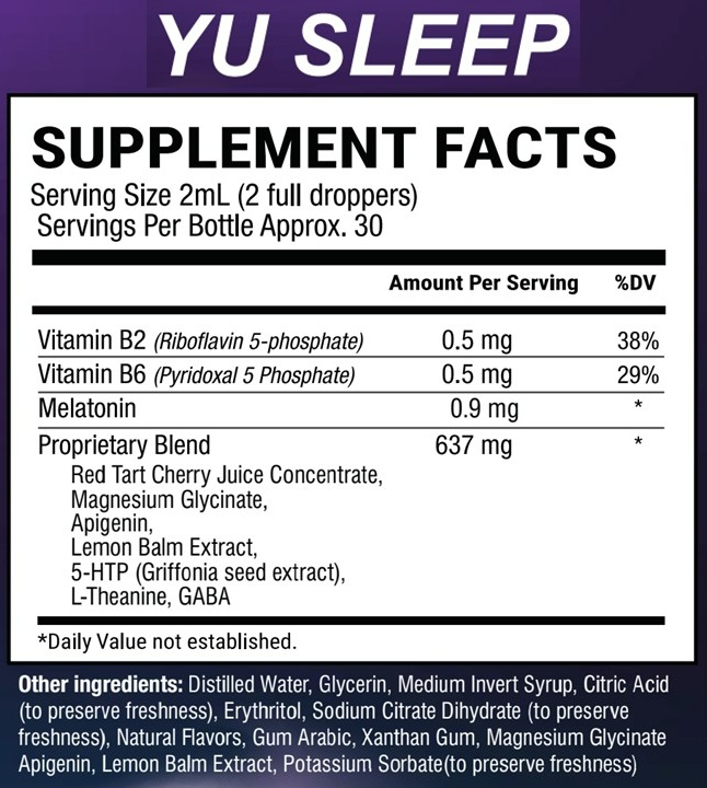 Yu Sleep Drops supplement facts label
